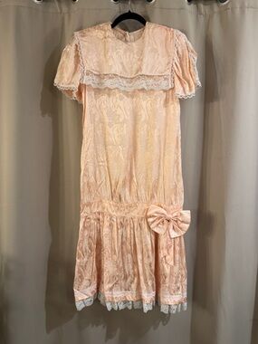 Gunne Sax Peach Lace Drop-Waist Dress with Bow